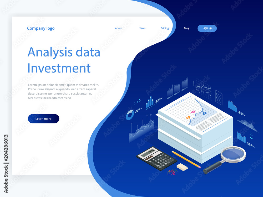 Poster isometric analysis data and investment. stack of documents with an official stamp and pencils in a g