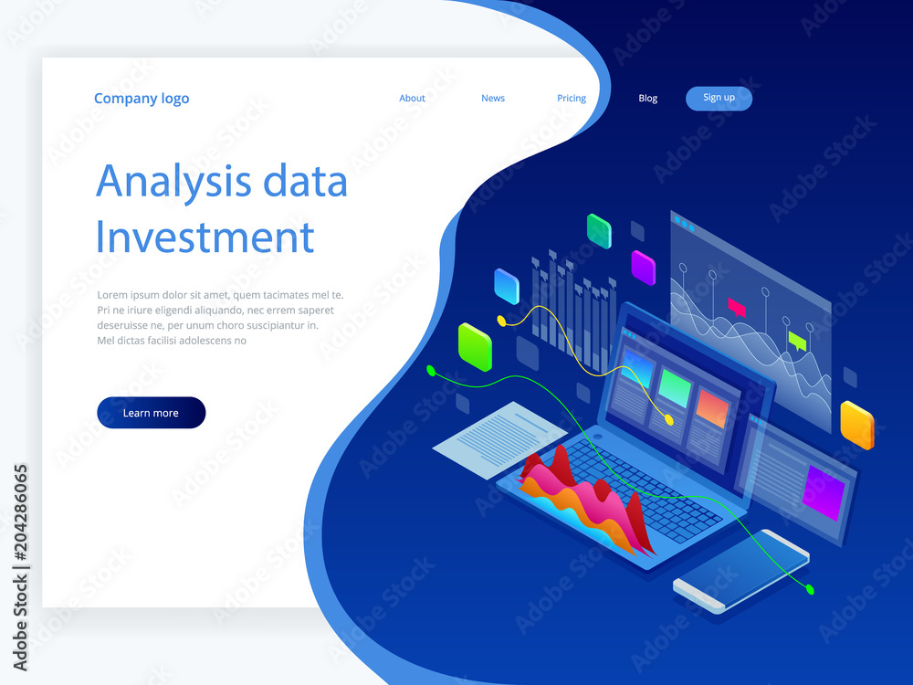 Poster isometric analysis data and investment. stack of documents with an official stamp and pencils in a g