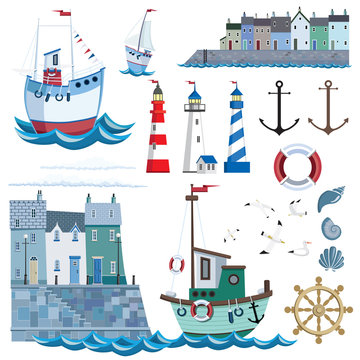 Sea set with flat icons and vector illustration. Pier with houses, lighthouses, ships, gulls, anchor, shells