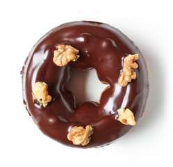 Chocolate donut isolated on white, from above