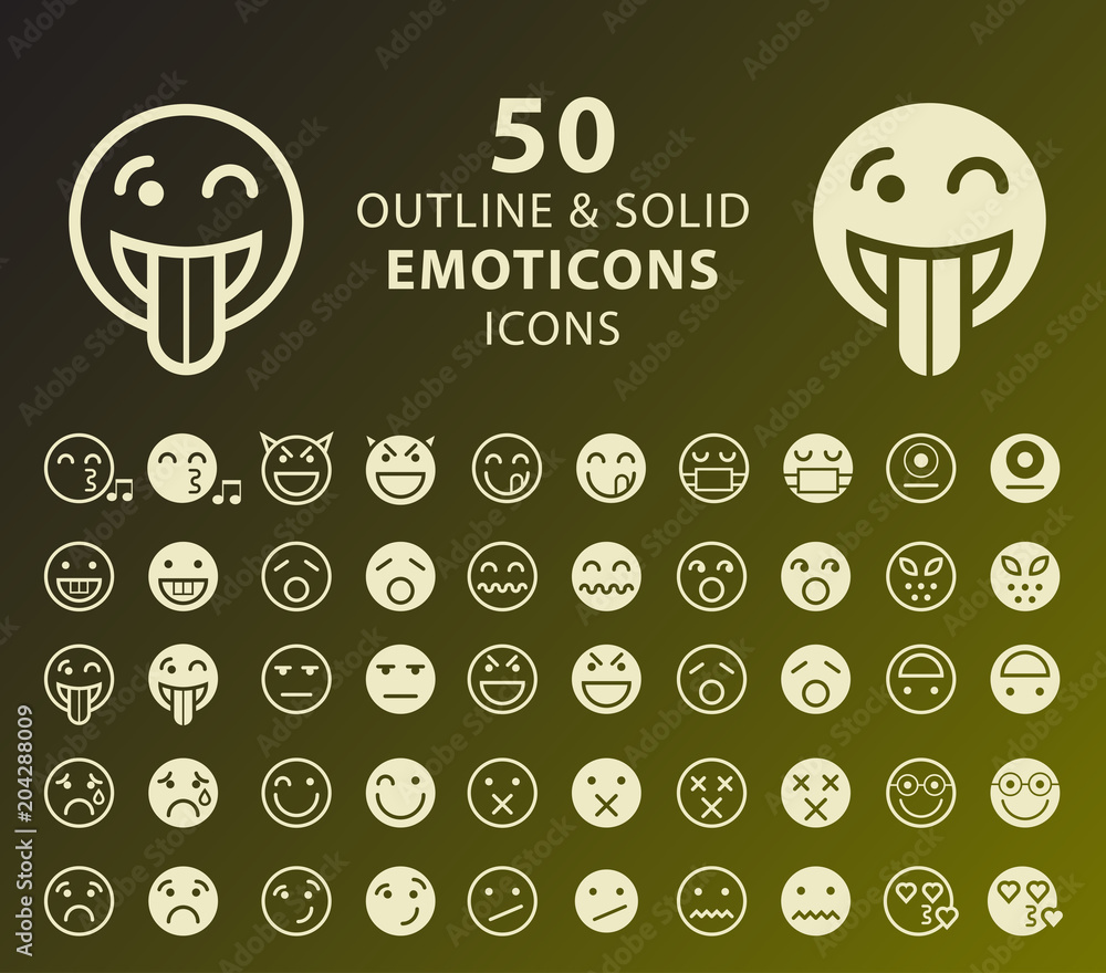 Poster set of 50 outline and solid emoticons . vector isolated elements