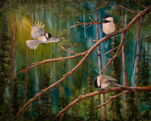 Chickadees in the Forest at Sunset