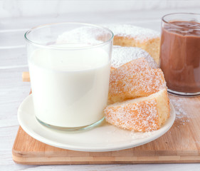 glass of milk with homemade sponge cake