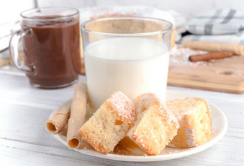 glass of milk with homemade sponge cake