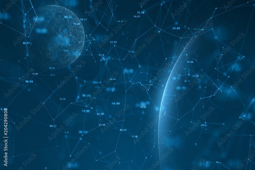 Poster futuristic artificial intelligence network with planets. selective focus used. illustration backgrou