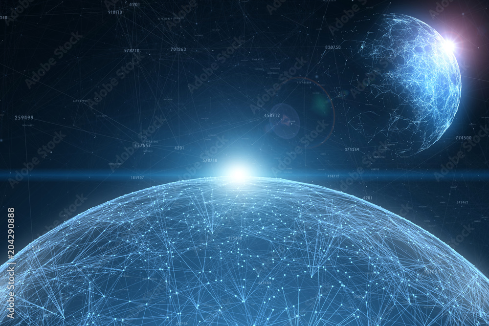Aufkleber fantasy futuristic cyber space network sphere with numbers data, lines and dots. view from space. il