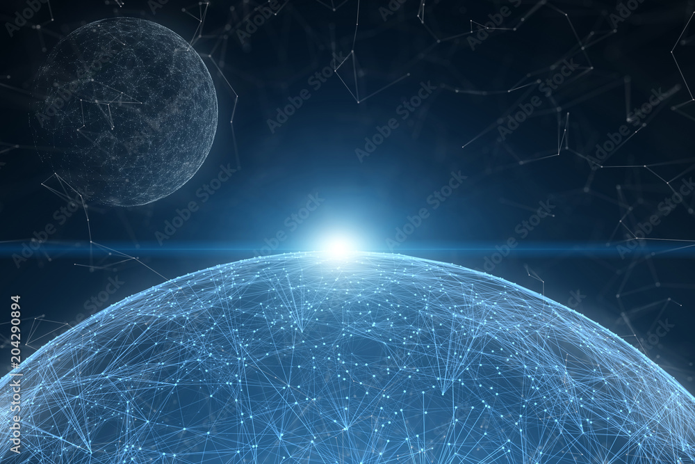 Poster fantasy futuristic artificial intelligence network illustration with planets, lines and dots. view f