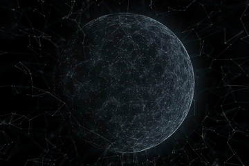 Artistic artificial intelligence cyberspace sphere with lines and dots copy space illustration background. View from space. 