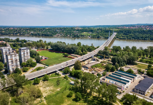 Novi Sad, Serbia May 09, 2018: Liberty Bridge and Danube river photographed with dron above Novi Sad.