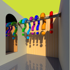 My cloakroom of questions 3D illustration. Different, colorful question marks hanging on the rail, mirror and flooring tiles reflections, shadows, yellow ceiling.
