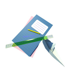 Back to school 3D illustration 4. Education concept. Notebooks, transparent green plastic ruler, yellow pencil, paper fold boat isolated on white. Collection.