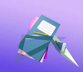 Back to school 3D illustration 3. Notebooks, green transparent plastic set square, pencil, paper fold boat floating on gradient purple background. Education concept. Collection.