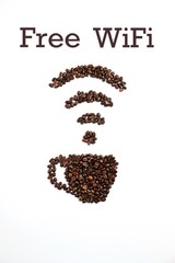 WiFi icon and cup of coffee sign. Coffee beans cup isolated. Free WiFi