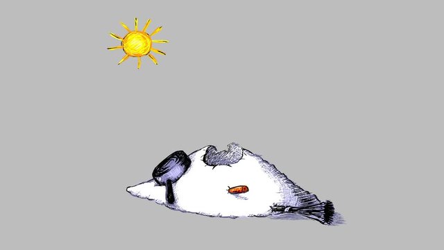Frightened melting snowman. The end of winter. Spring is coming. Everybody is happy, but not a snowman. 