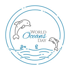 Couple of dolphins jumping above water - line style world oceans day banner isolated on white background.