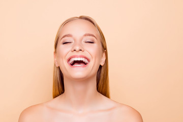 Positive, cheerful, funny, comic, fresh laughing natural nude girl with white teeth fresh cavity...