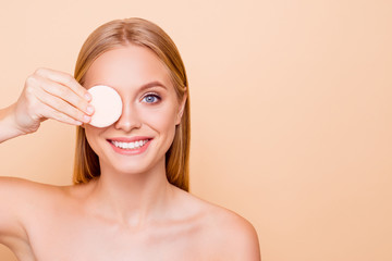 Comic, cheerful, positive, toothy girl with beaming smile flawless shine skin closing one eye with...
