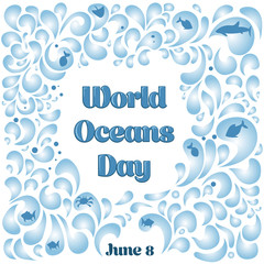 Fototapeta na wymiar Vector square poster on World Oceans Day. A wave with a sailboat and a whale on it.