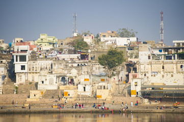 Beautiful Pushkar skyline and sacred lake (Sagar). Rajasthan. Pushkar is holy city for Hinduists and famous for many Hindu temples