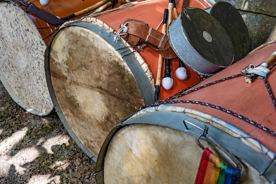 Drums used in a Brazilian folk festival in honor of Saint George in the state of Minas Gerais