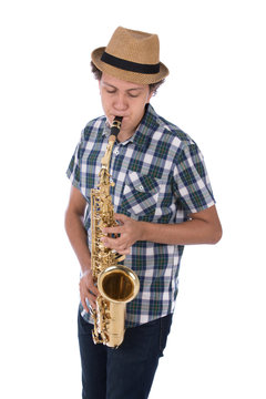 blowing in saxophone