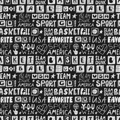 Vector sketch basketball seamless pattern for America. The handwritten short phrases, retro, grunge, hand-drawing lettering, favorite sport, america, usa, go, you win, slam dunk, team, black, white.