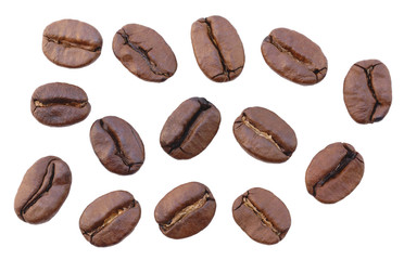 Close up fresh roasted coffee beans isolated on white background.