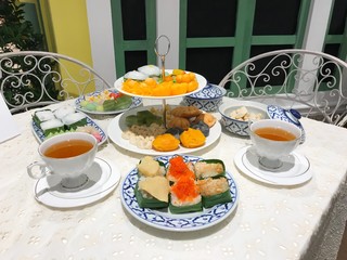 Thai dessert tea time set and tea cup on white table