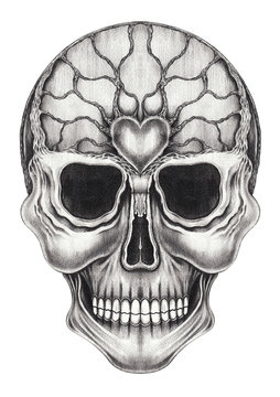 Art Surreal Skull Tattoo.Hand pencil drawing on paper.