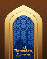 Ramadan Kareem. Beautiful greeting card for holy month Ramadan. Mosque at night. Vector illustration