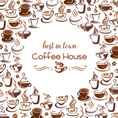 Hot coffee steam cups vector poster for cafe