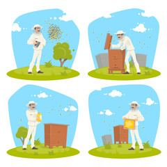 Fototapeta premium Beekeeping apiary and beekeeper vector design