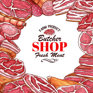 Vector sketch meat sausages butcher products icons