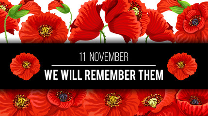 Remembrance day 11 November vector poppy banner - obrazy, fototapety, plakaty