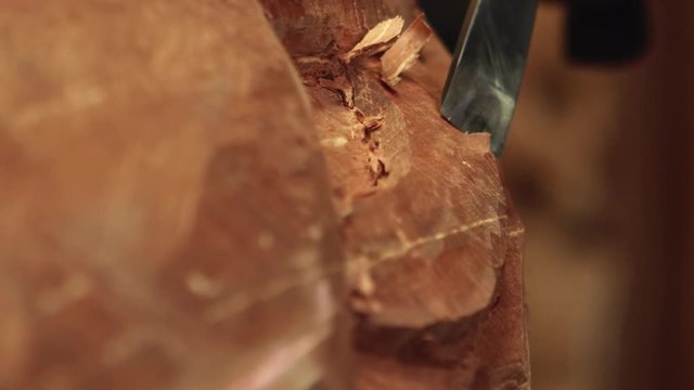 Close up wood chips chipped off by chisel