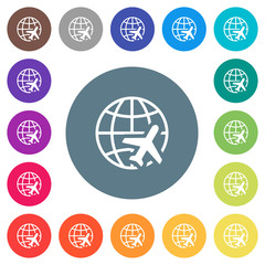 World travel flat white icons on round color backgrounds