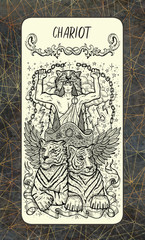 Chariot. The Magic Gate tarot deck card. Fantasy engraved illustration with occult mysterious symbols and esoteric concept, vintage background