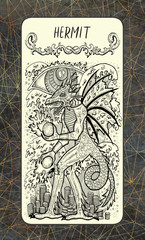 Hermit. The Magic Gate tarot deck card. Fantasy engraved illustration with occult mysterious symbols and esoteric concept, vintage background