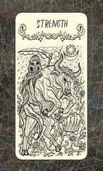 Strength. The Magic Gate tarot deck card. Fantasy engraved illustration with occult mysterious symbols and esoteric concept, vintage background