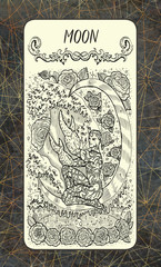 Moon. The Magic Gate tarot deck card. Fantasy engraved illustration with occult mysterious symbols and esoteric concept, vintage background