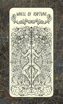 Wheel of fortune. The Magic Gate tarot deck card. Fantasy engraved illustration with occult mysterious symbols and esoteric concept, vintage background