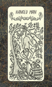 Hanged Man. The Magic Gate tarot deck card. Fantasy engraved illustration with occult mysterious symbols and esoteric concept, vintage background