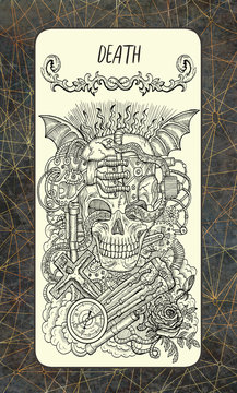 Death. The Magic Gate tarot deck card. Fantasy engraved illustration with occult mysterious symbols and esoteric concept, vintage background