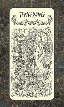 Temperance. The Magic Gate tarot deck card. Fantasy engraved illustration with occult mysterious symbols and esoteric concept, vintage background