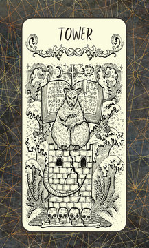 Tower. The Magic Gate tarot deck card. Fantasy engraved illustration with occult mysterious symbols and esoteric concept, vintage background