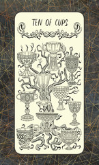 Ten of cups. The Magic Gate Tarot deck card. Fantasy engraved illustration with occult mysterious symbols and esoteric concept, vintage background