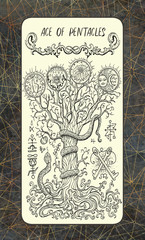 Ace of pentacles. The Magic Gate Tarot deck card. Fantasy engraved illustration with occult mysterious symbols and esoteric concept, vintage background