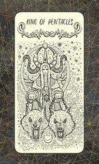 King of pentacles. The Magic Gate Tarot deck card. Fantasy engraved illustration with occult mysterious symbols and esoteric concept, vintage background