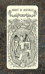 Knight of pentacles. The Magic Gate Tarot deck card. Fantasy engraved illustration with occult mysterious symbols and esoteric concept, vintage background