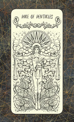 Page of pentacles. The Magic Gate Tarot deck card. Fantasy engraved illustration with occult mysterious symbols and esoteric concept, vintage background